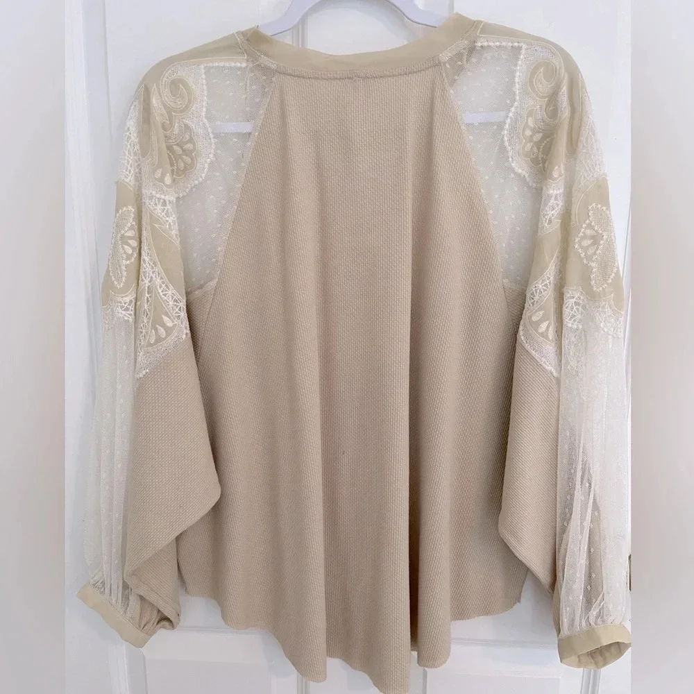 Free People Toni Top Embroidered Lace Long Sleeve Knit in Morning Oat Si…